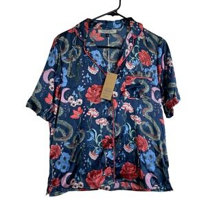 Their Nibs Pajama Top Womens Size Small Blue Multi Snakes Floral Satin NWT